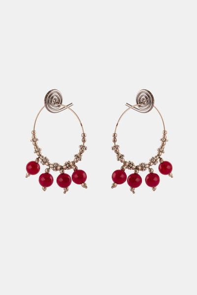 Red Beads Silver Plated Dangler Hoops
