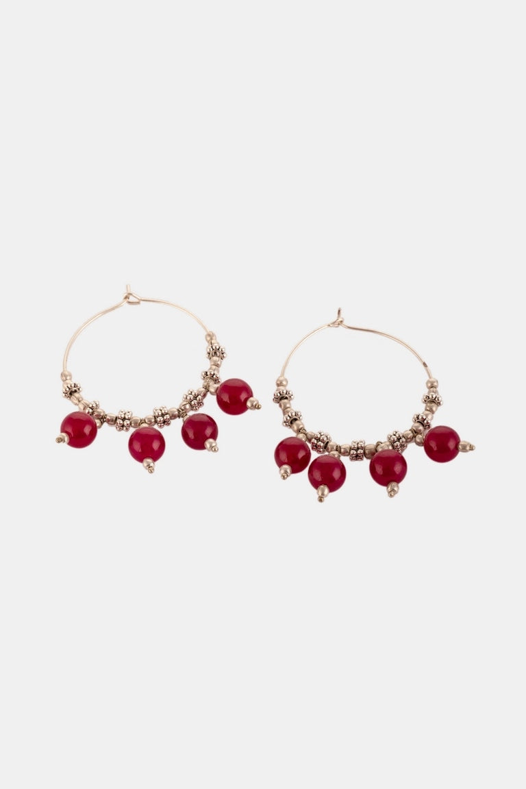 Red Beads Silver Plated Dangler Hoops