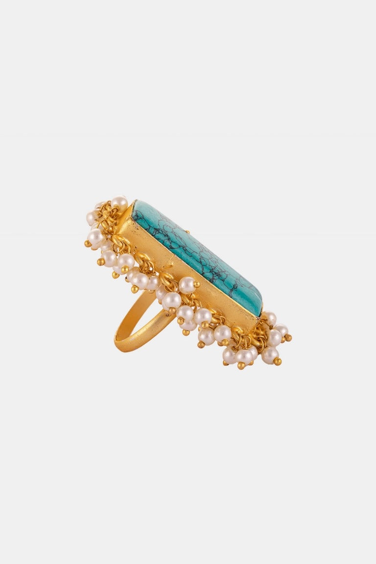 Turquoise Stone Pearl Embellished Hand Ring