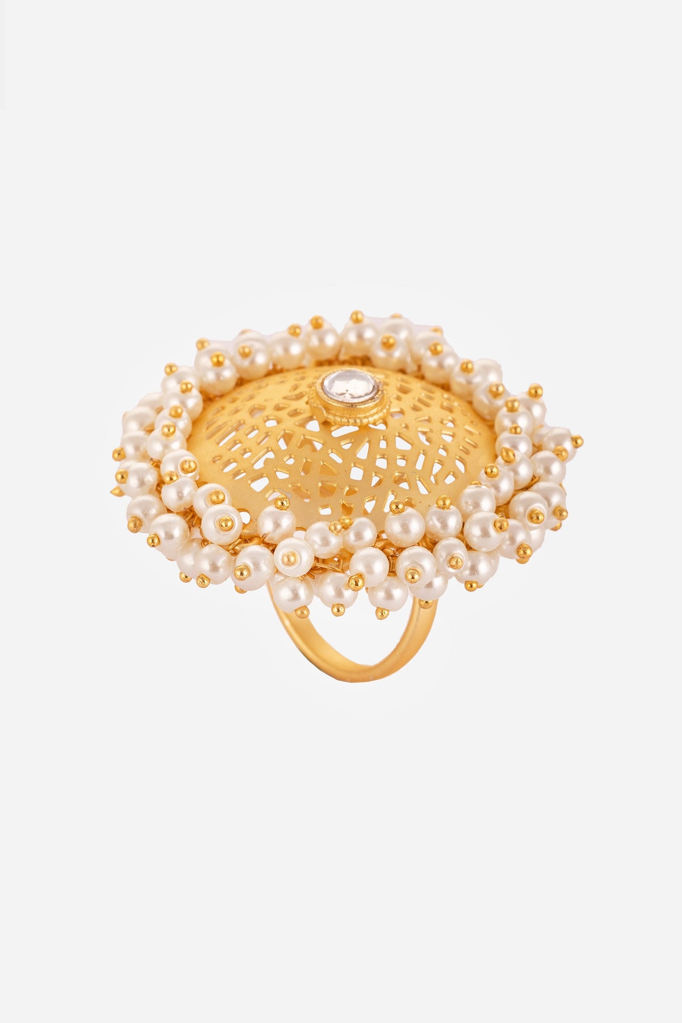 Jaali Pattern Pearl Embellished Hand Ring