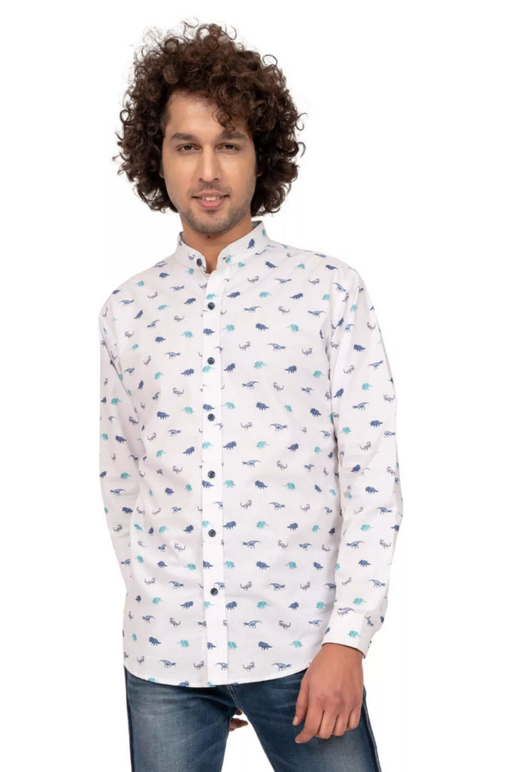 WHIE AND BLUE DINOSAUR PRINT SHIRT