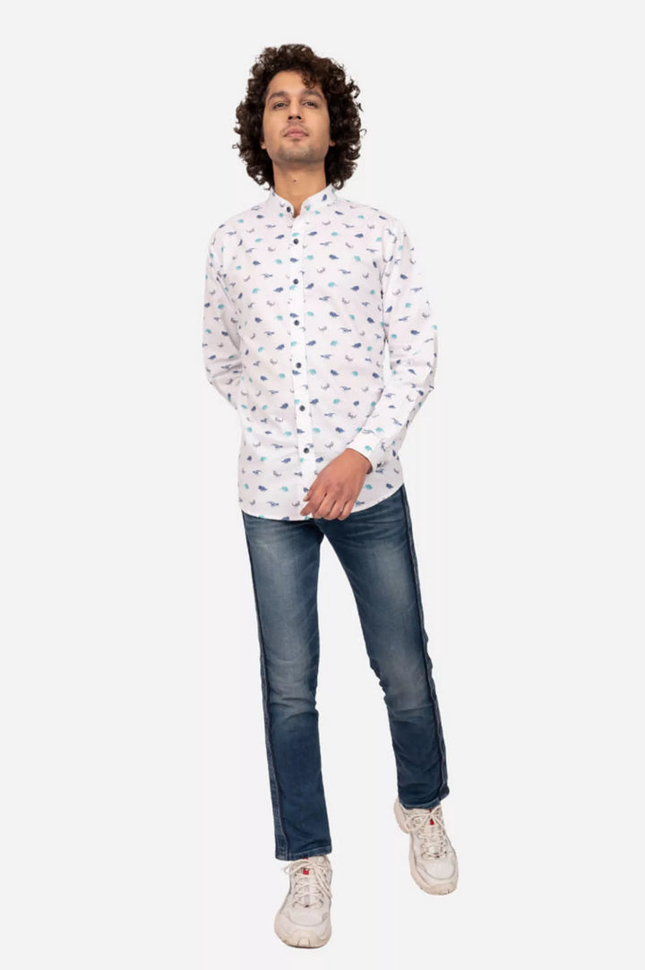 WHIE AND BLUE DINOSAUR PRINT SHIRT