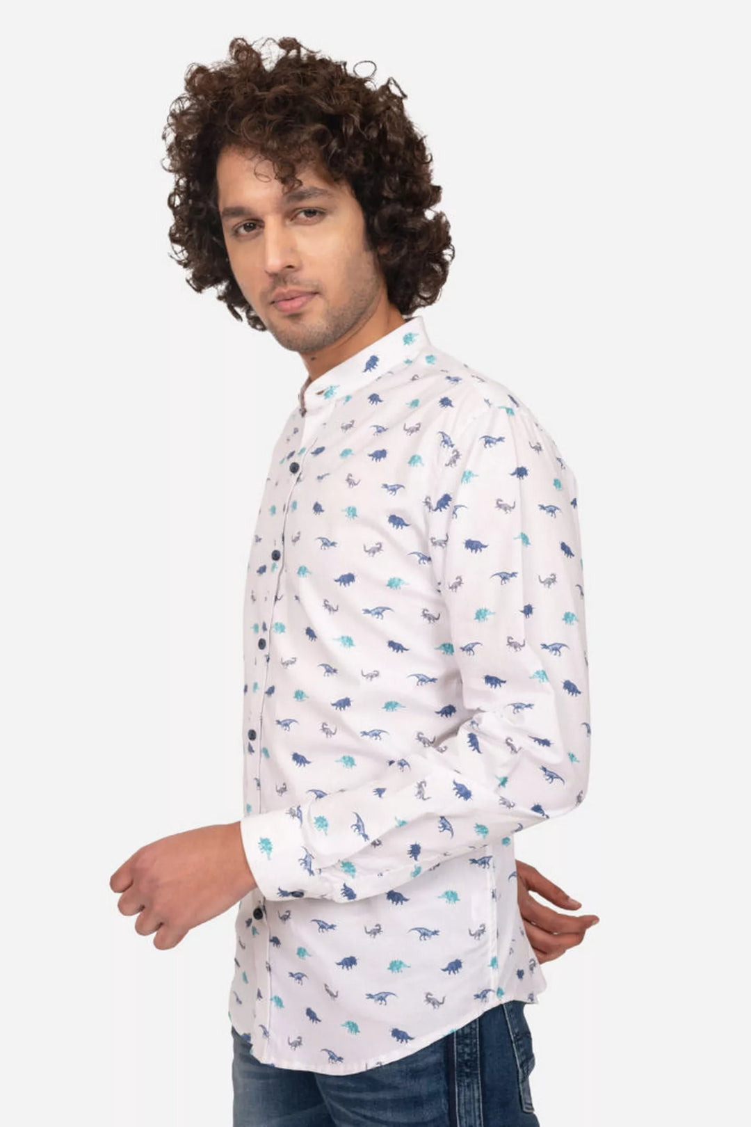 WHIE AND BLUE DINOSAUR PRINT SHIRT