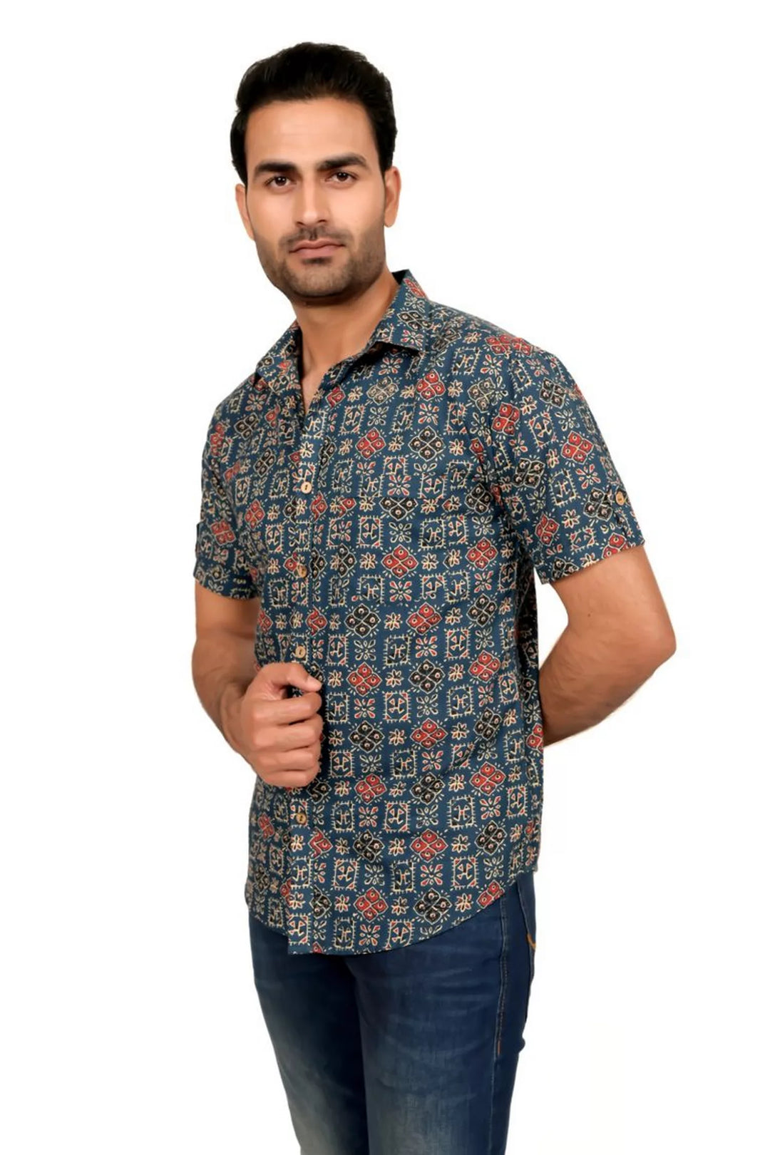 Navy Blue And Rust Printed Half Sleeve Shirt