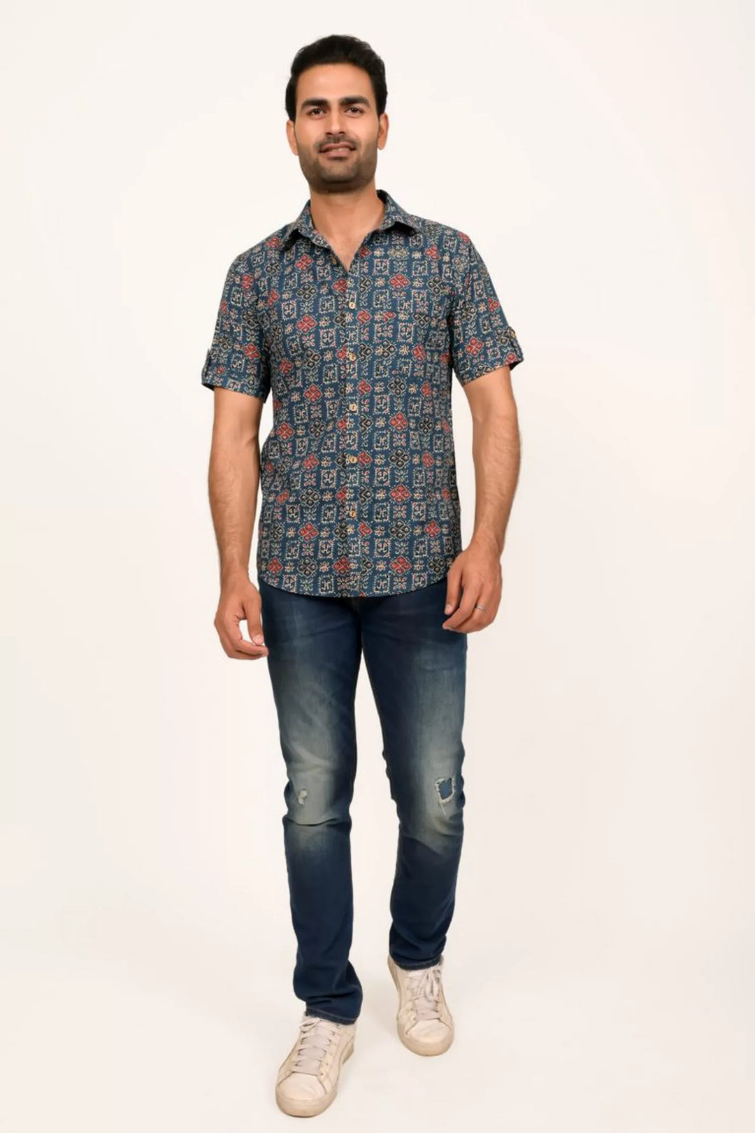 Navy Blue And Rust Printed Half Sleeve Shirt