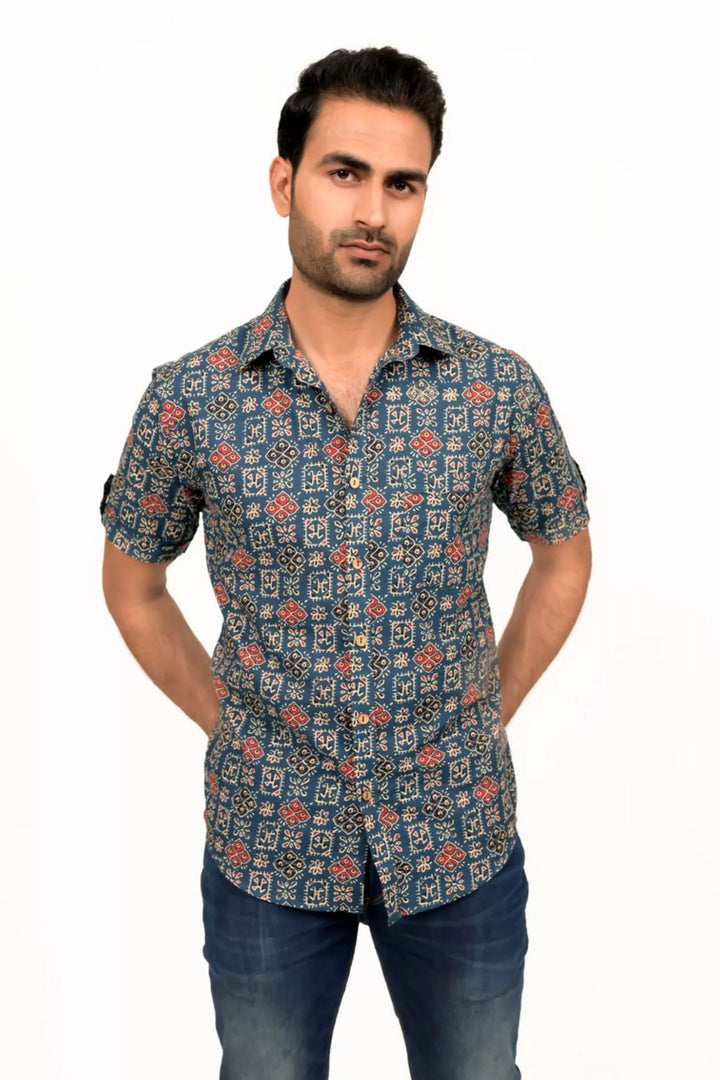 Navy Blue And Rust Printed Half Sleeve Shirt