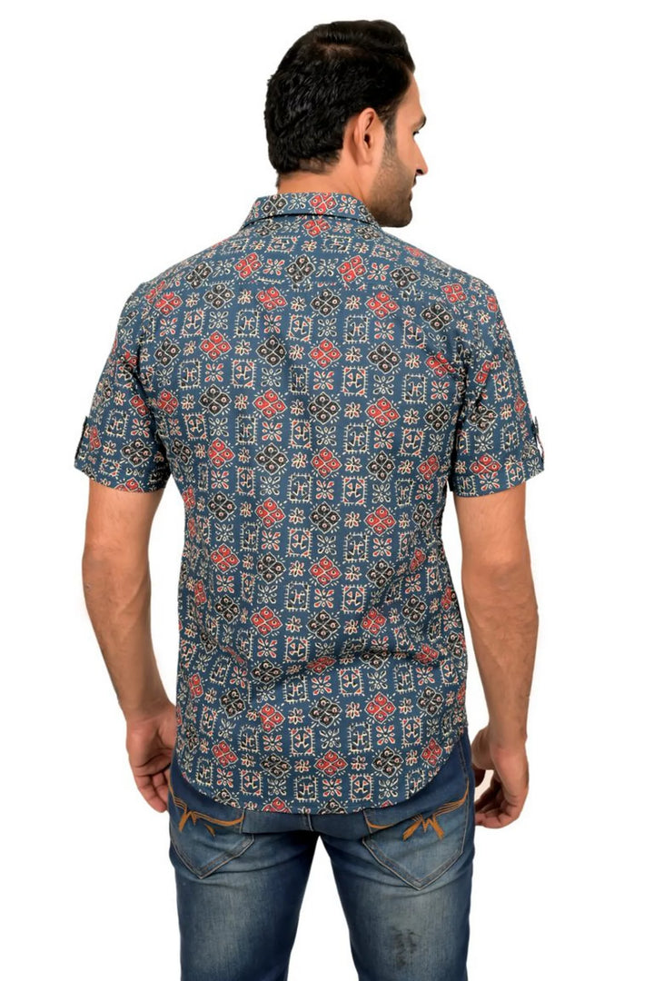 Navy Blue And Rust Printed Half Sleeve Shirt