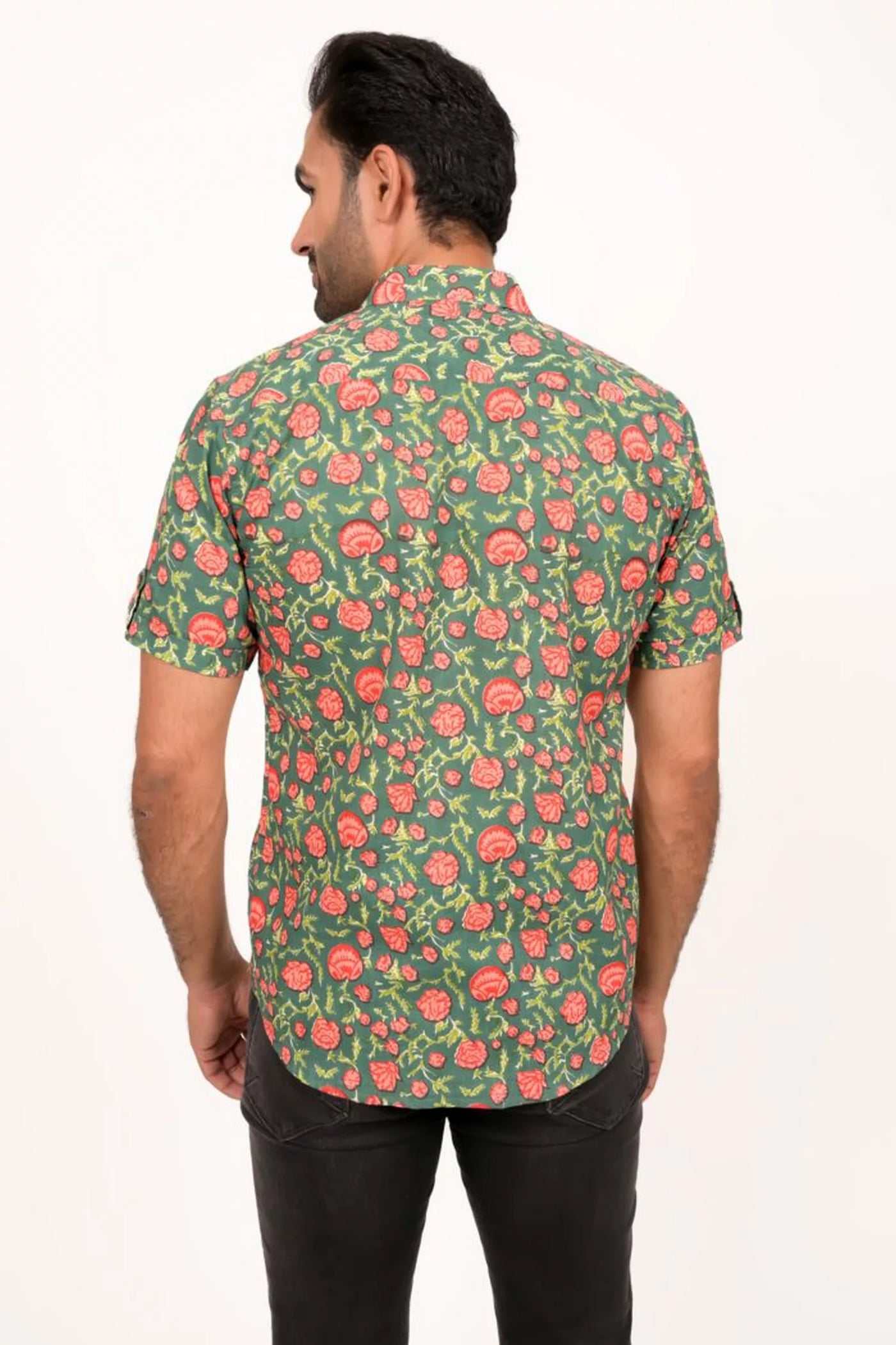 Sage Green And Peach Printed Half Sleeve Shirt