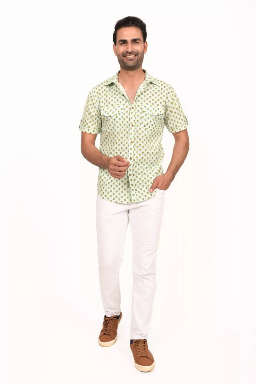 Mint Green Lotus Printed Half Sleeve Shirt