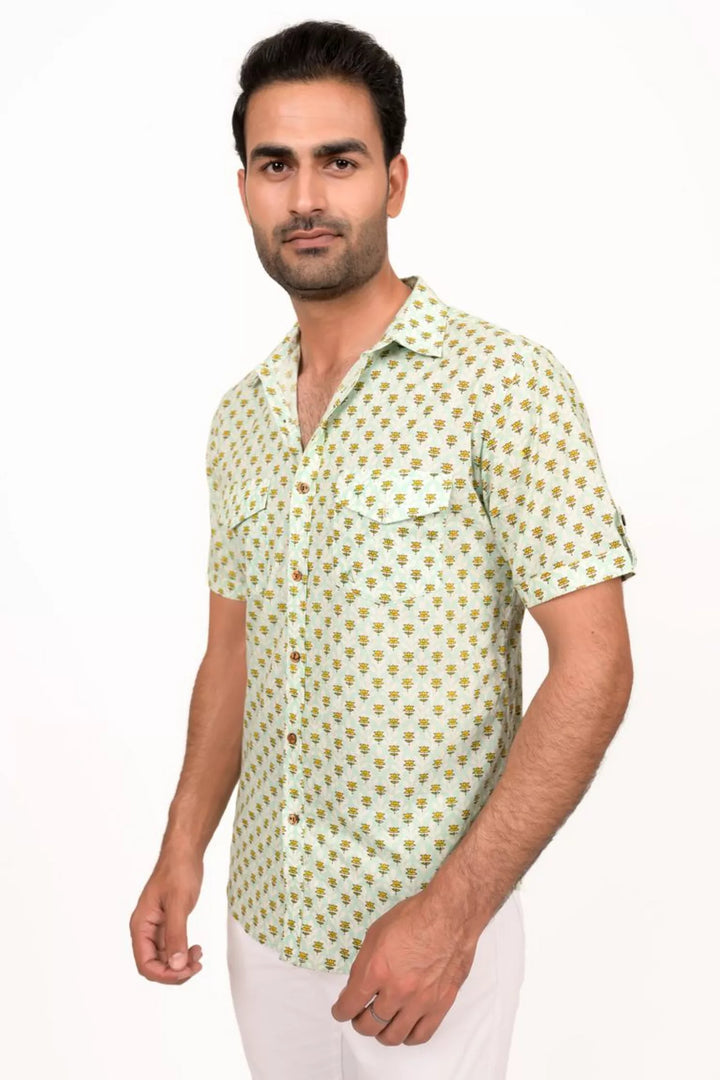 Mint Green Lotus Printed Half Sleeve Shirt