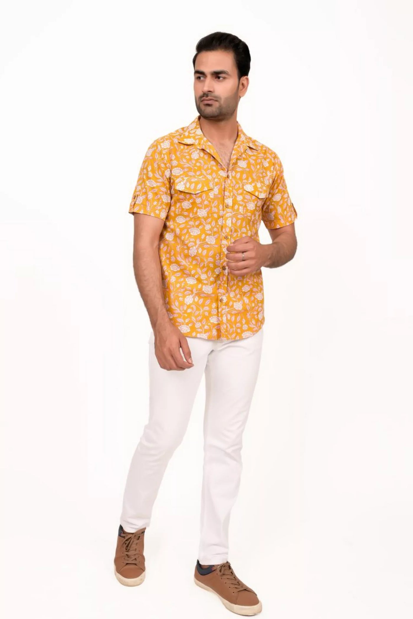 Mango Yellow Printed Half Sleeve Shirt
