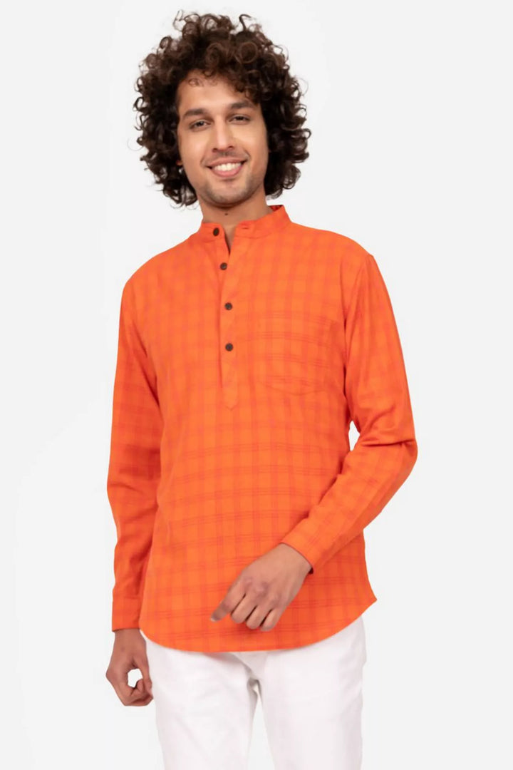 Orange Checks Cotton Short Kurta