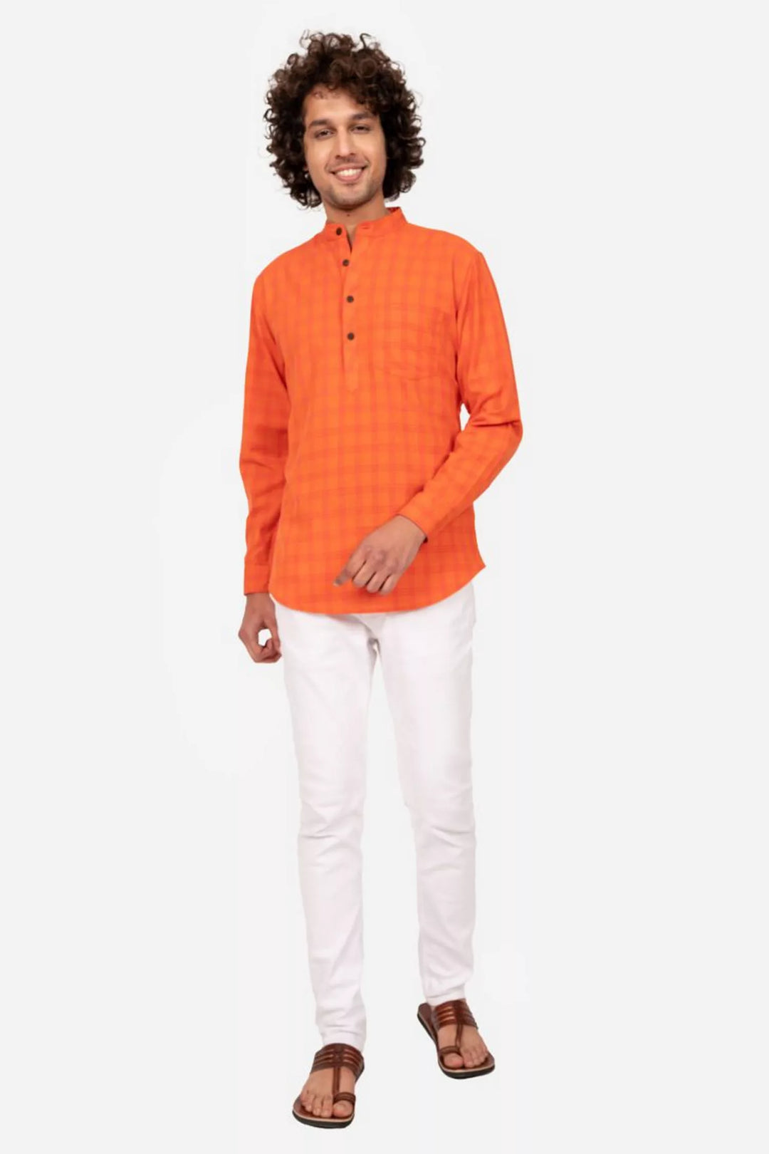 Orange Checks Cotton Short Kurta