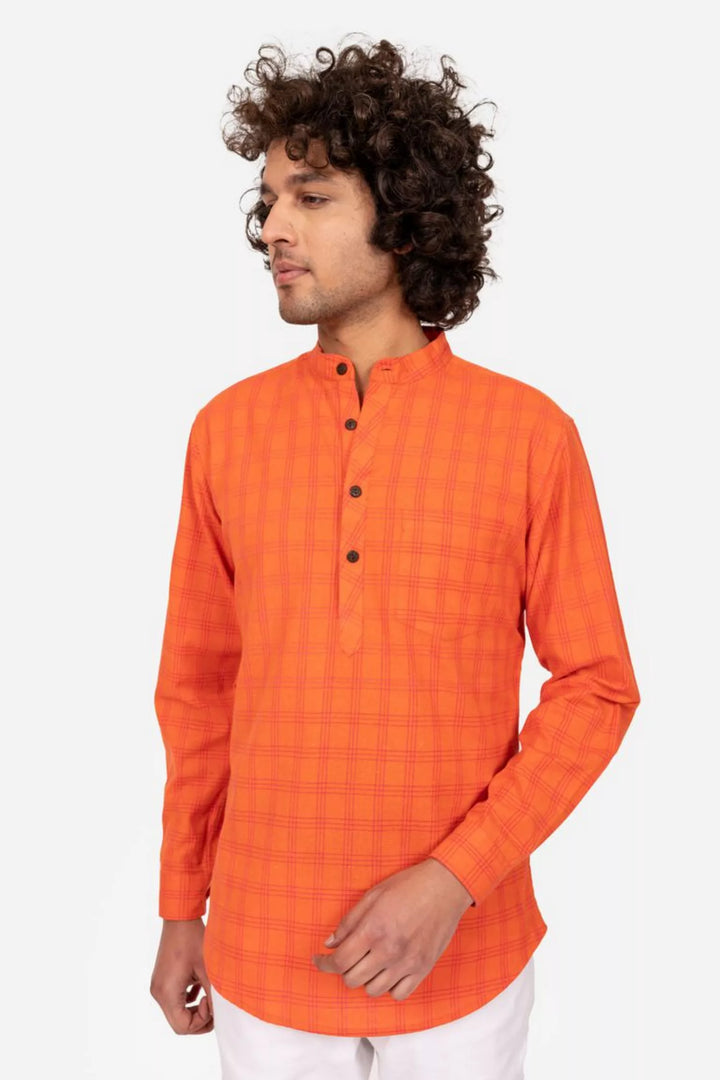 Orange Checks Cotton Short Kurta