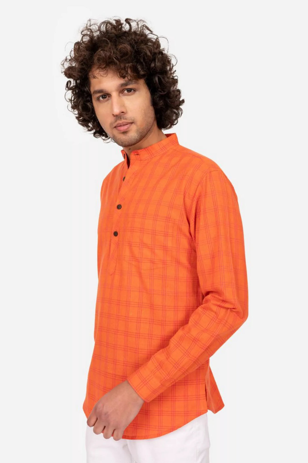 Orange Checks Cotton Short Kurta