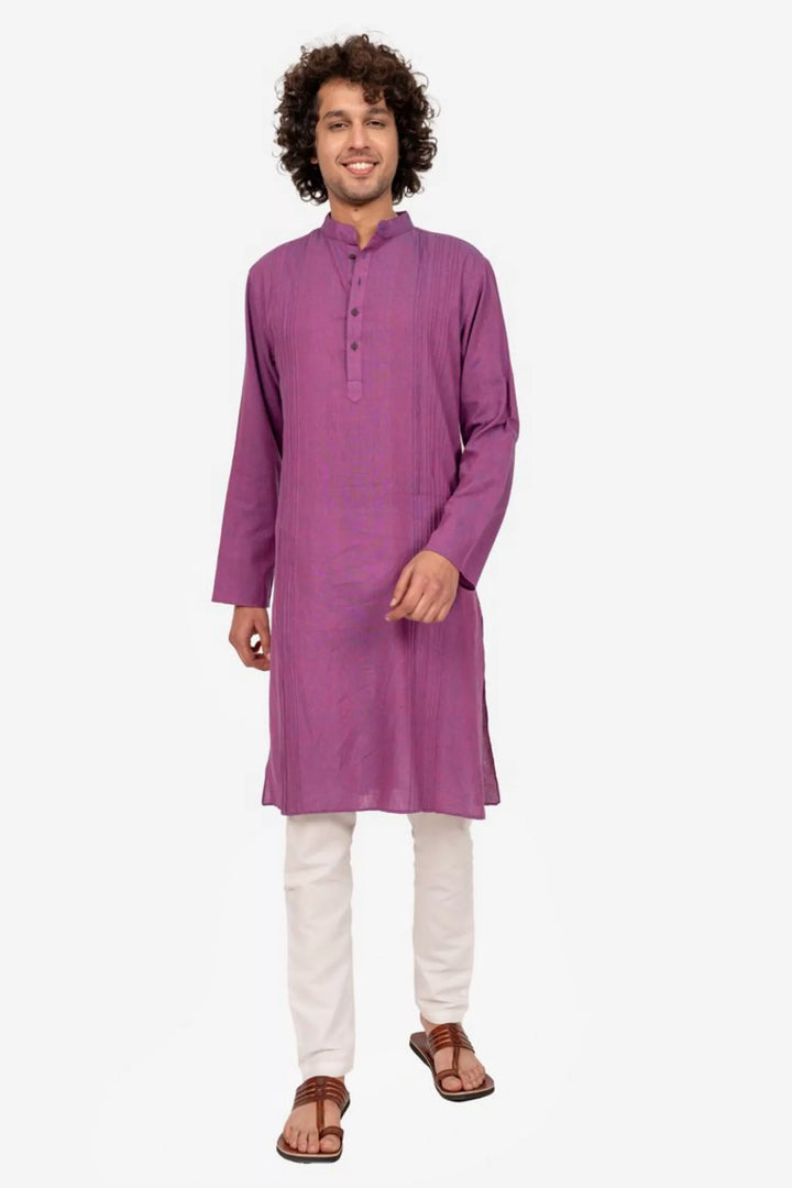 Purple Cross Color Pintucked Mens Kurta