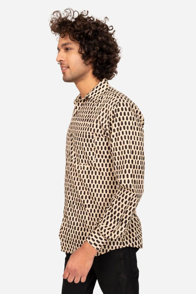 BEIGE AND BLACK BLOCK PRINTED COTTON SHIRT