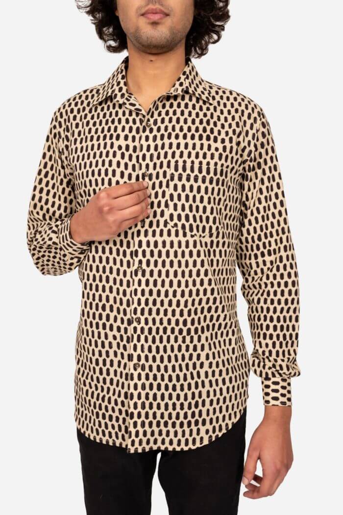 BEIGE AND BLACK BLOCK PRINTED COTTON SHIRT
