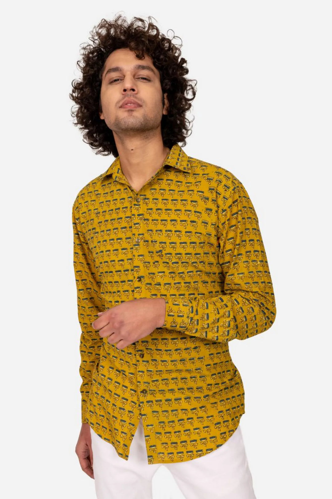 MUSTARD AJRAKH BLOCK PRINTED COTTON SHIRT