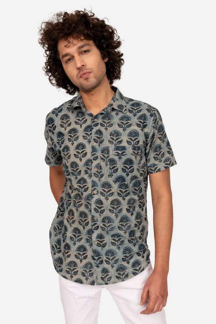 TEAL BLUE AJRAKH PRINT HALF SLEEVE SHIRT