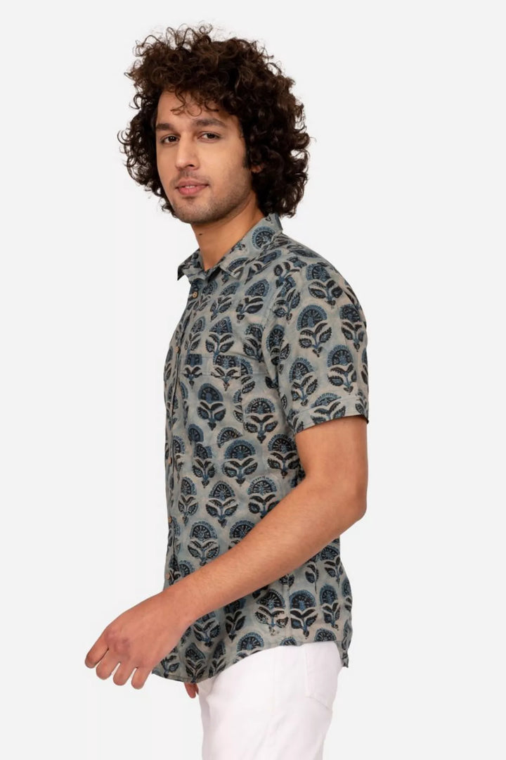 TEAL BLUE AJRAKH PRINT HALF SLEEVE SHIRT