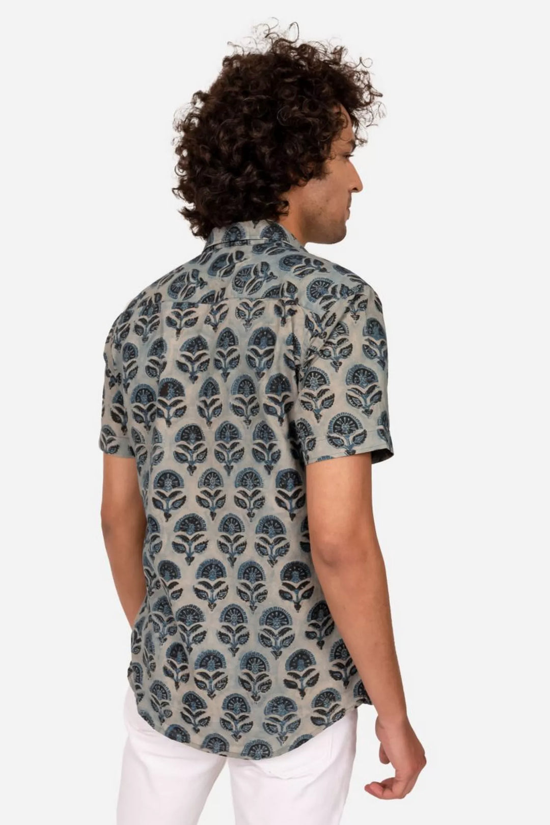 TEAL BLUE AJRAKH PRINT HALF SLEEVE SHIRT