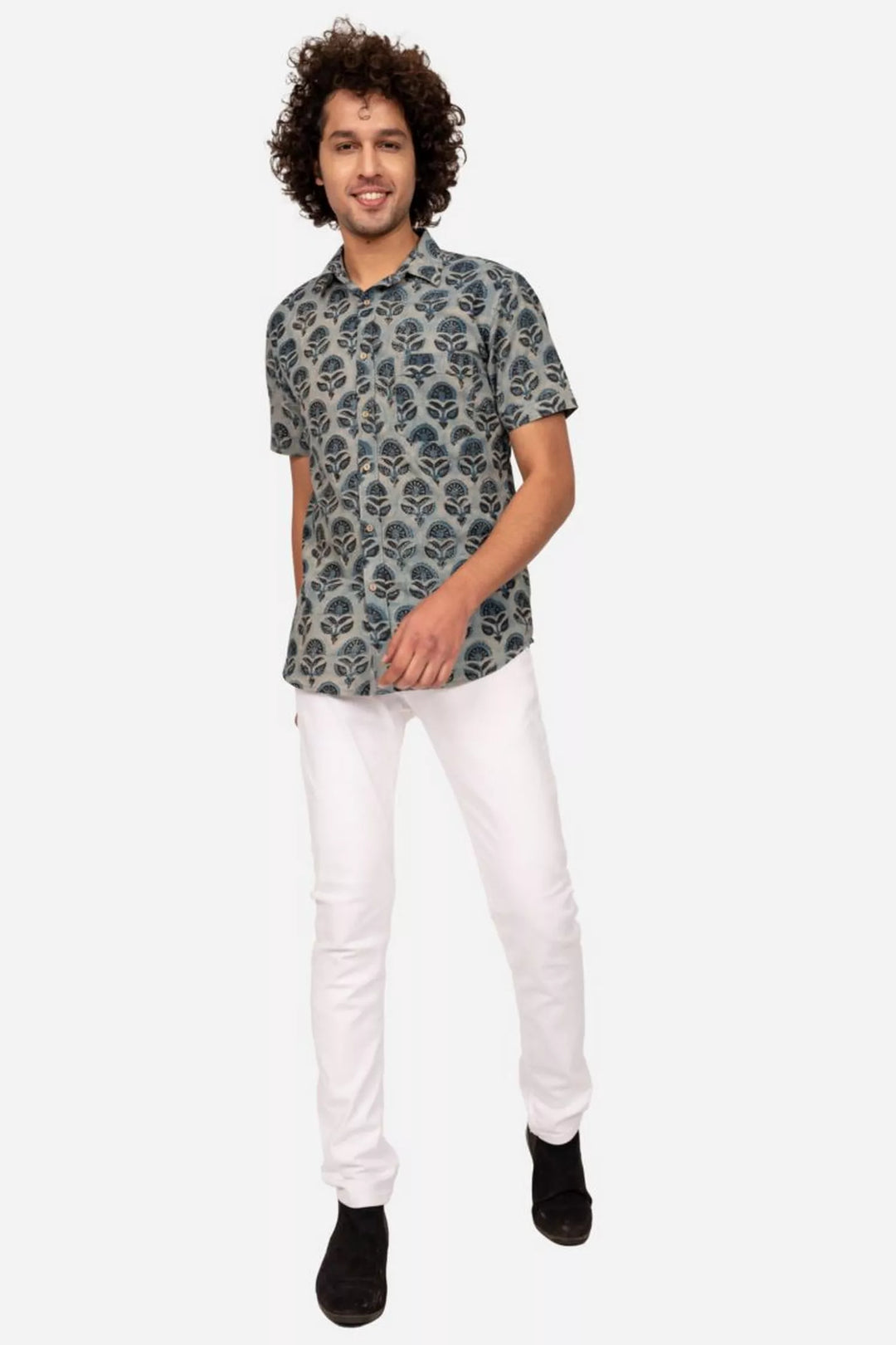 TEAL BLUE AJRAKH PRINT HALF SLEEVE SHIRT