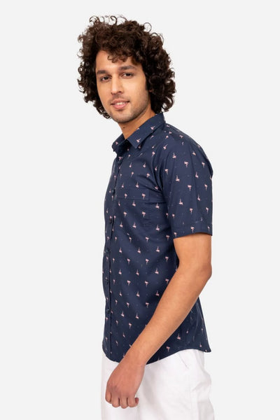 Navy Blue Bird Print Half Sleeve Shirt