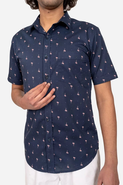 Navy Blue Bird Print Half Sleeve Shirt