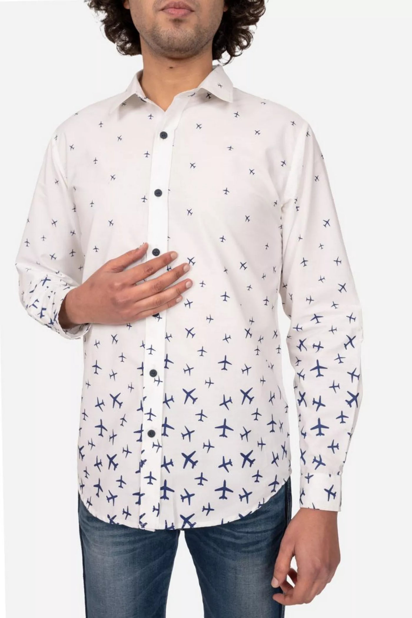 White And Blue Aeroplane Print Shirt