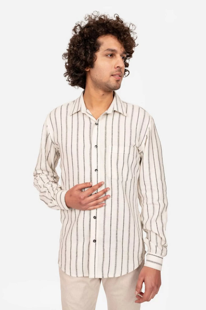 Off White And Black Striped Linen Shirt