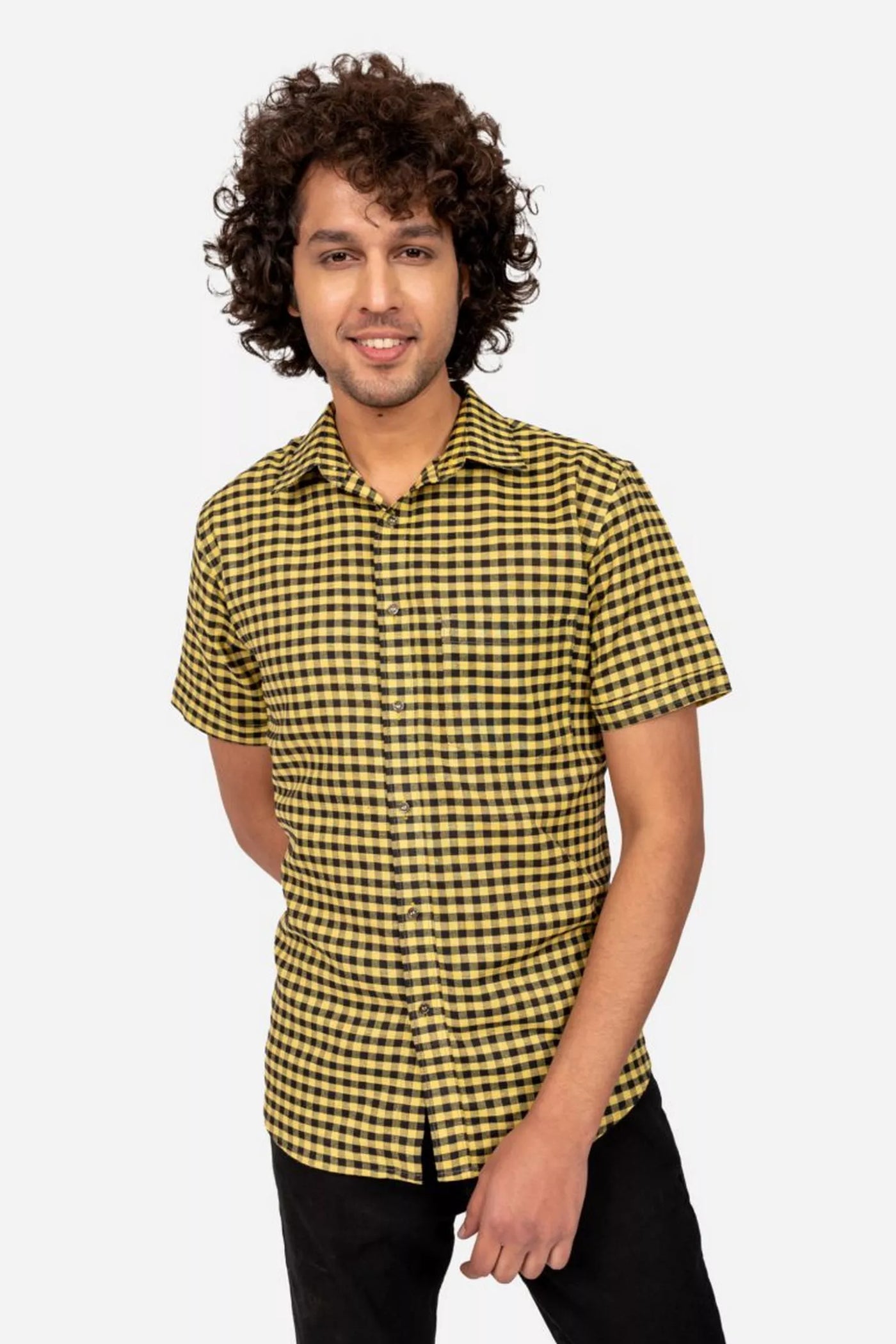 Yellow And Black Checked Cotton Shirt