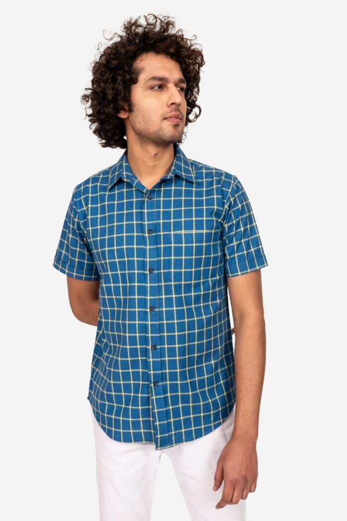 Blue and Yellow Checked Cotton Half Sleeve Shirt