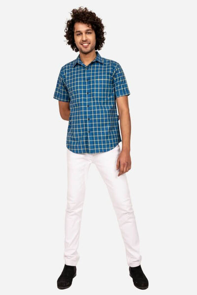 Blue Nd Yellow Checked Cotton Half Sleeve Shirt