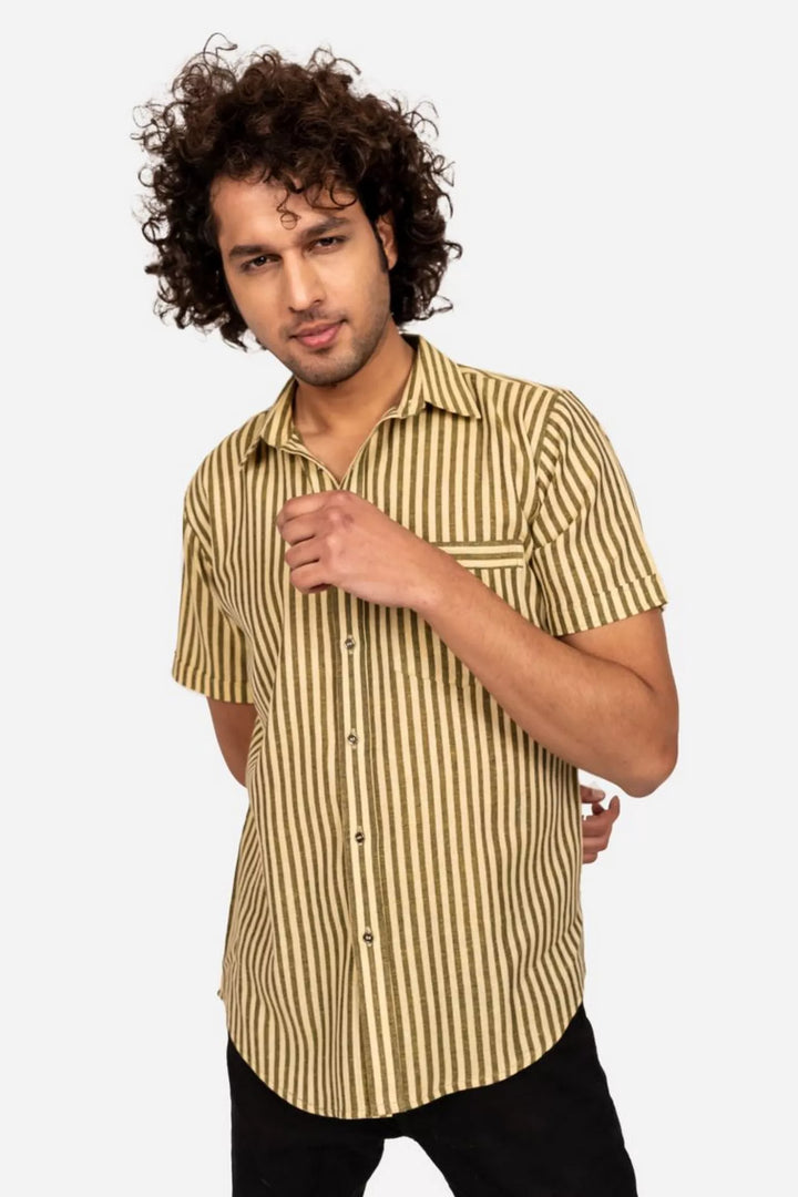 Yellow And Black Striped Cotton Half Sleeve Shirt