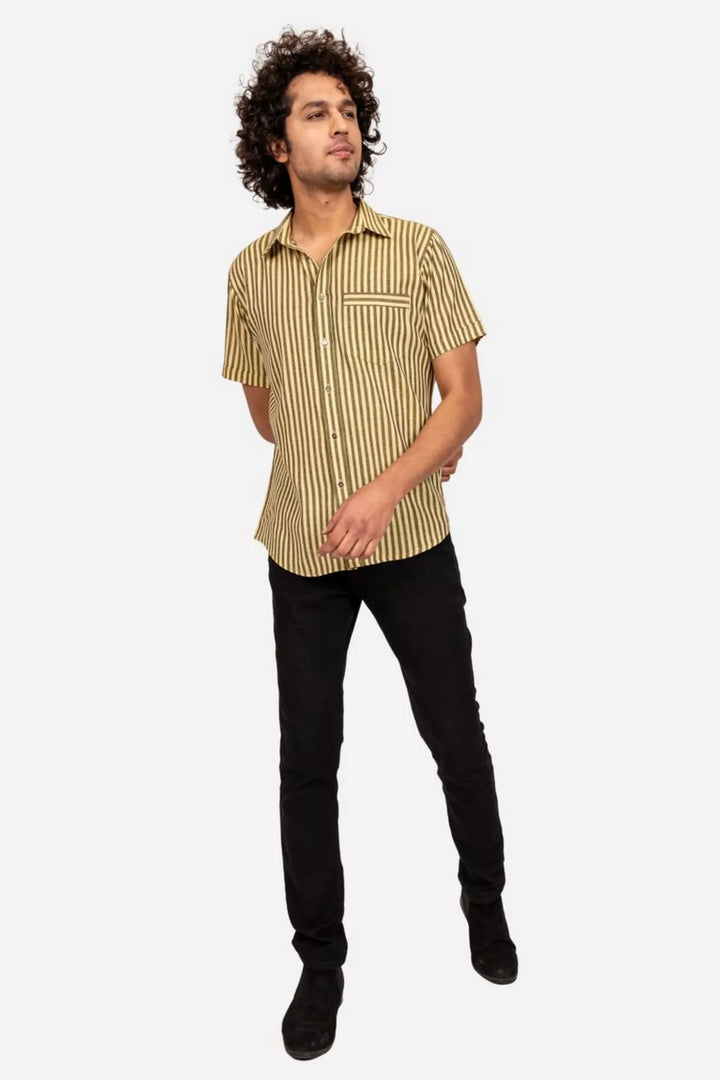 Yellow And Black Striped Cotton Half Sleeve Shirt