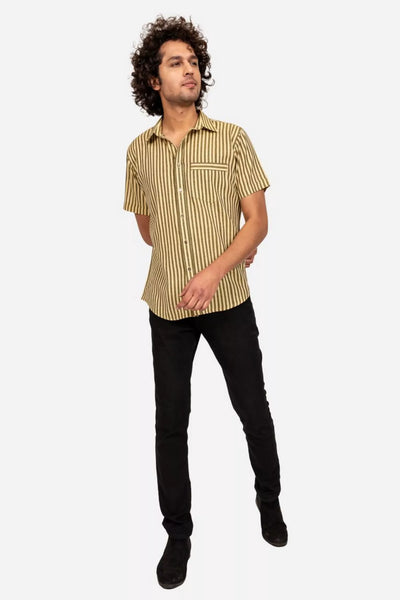 Yellow And Black Striped Cotton Half Sleeve Shirt