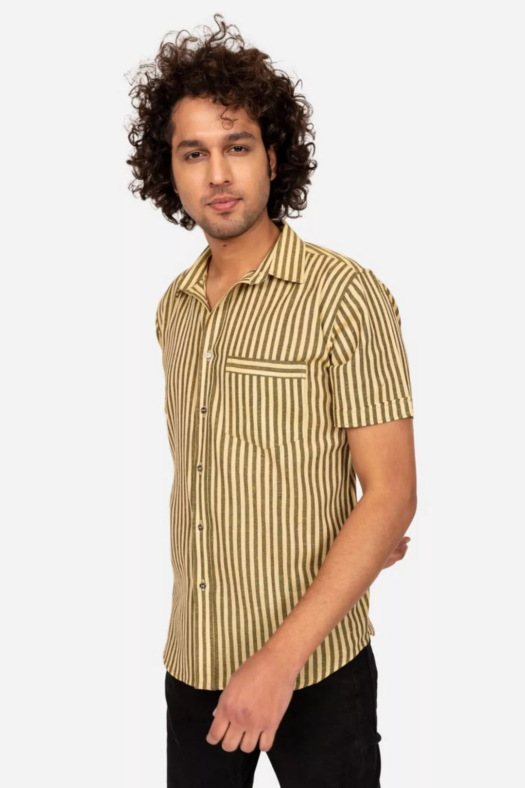 Yellow And Black Striped Cotton Half Sleeve Shirt