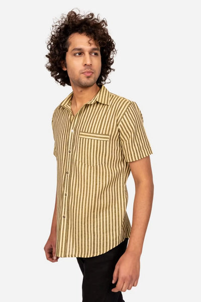 Yellow And Black Striped Cotton Half Sleeve Shirt
