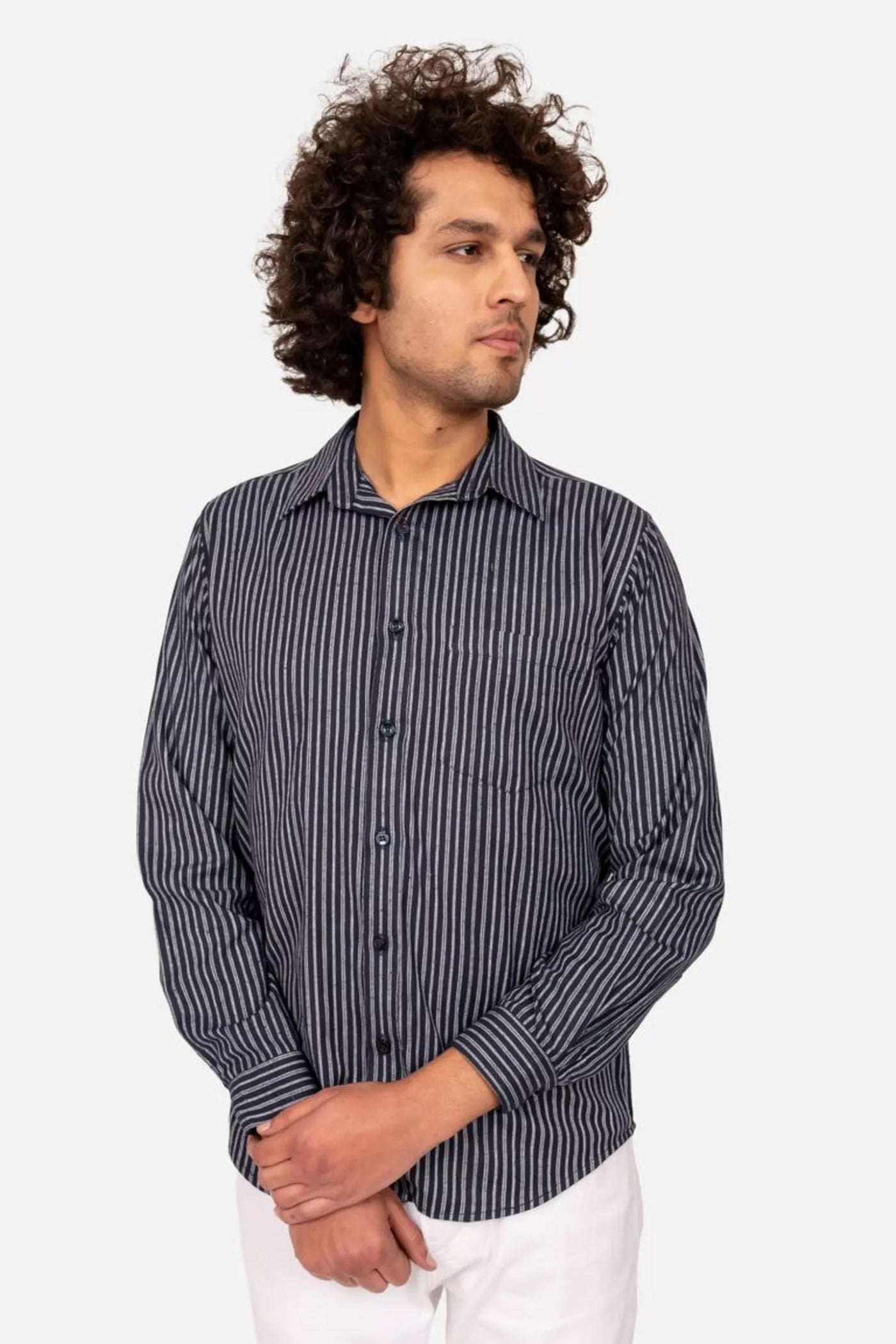 White And Navy Blue Striped Cotton Shirt