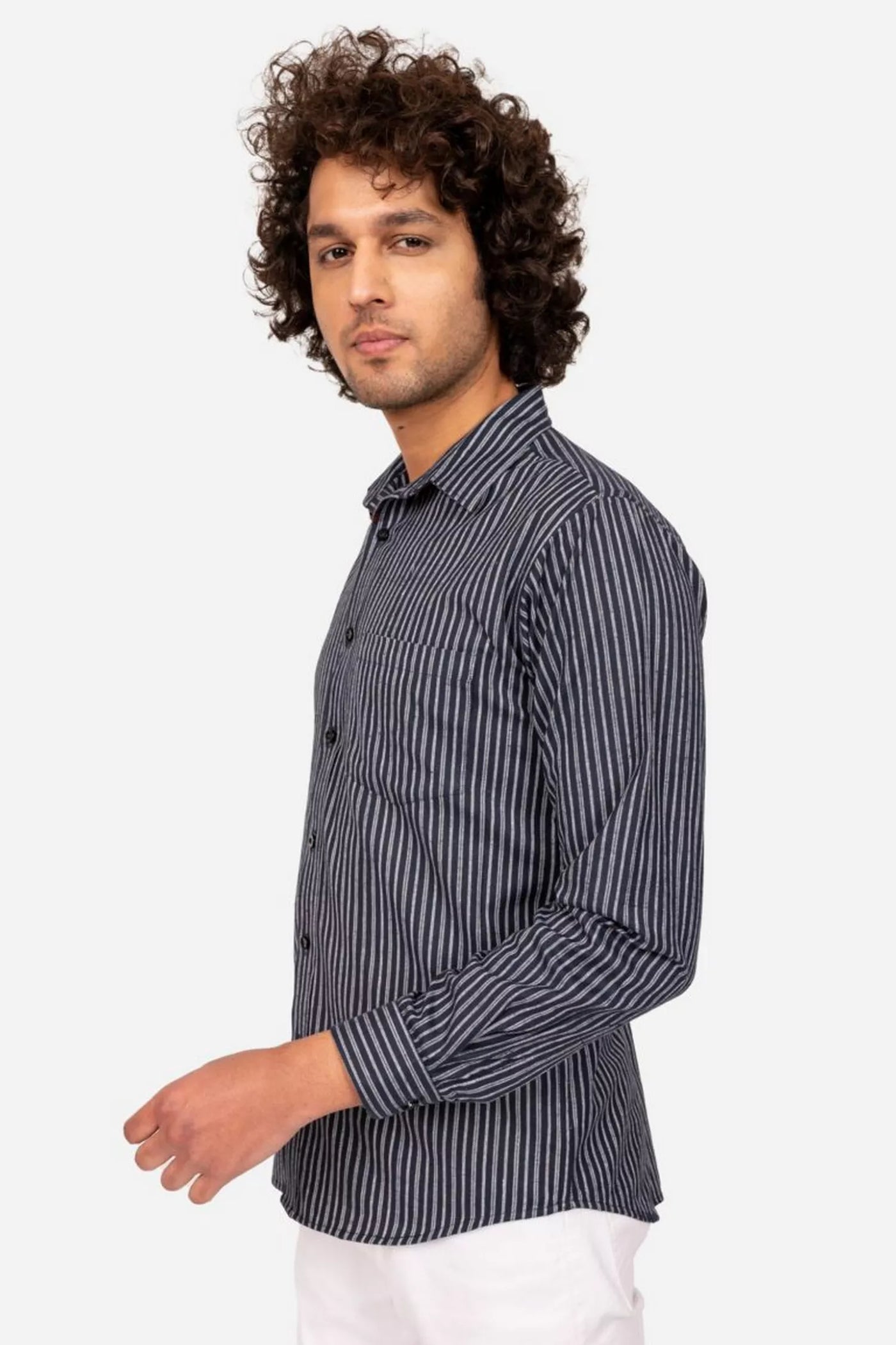 White And Navy Blue Striped Cotton Shirt