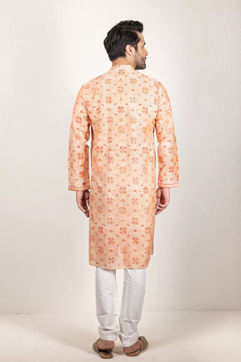 Orange-Printed Chanderi Kurta
