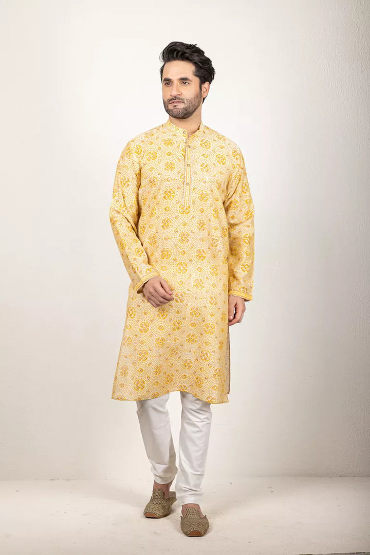 Yellow-Printed Chanderi Kurta