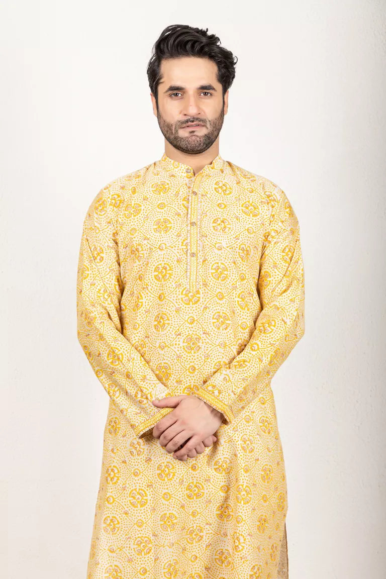 Yellow-Printed Chanderi Kurta