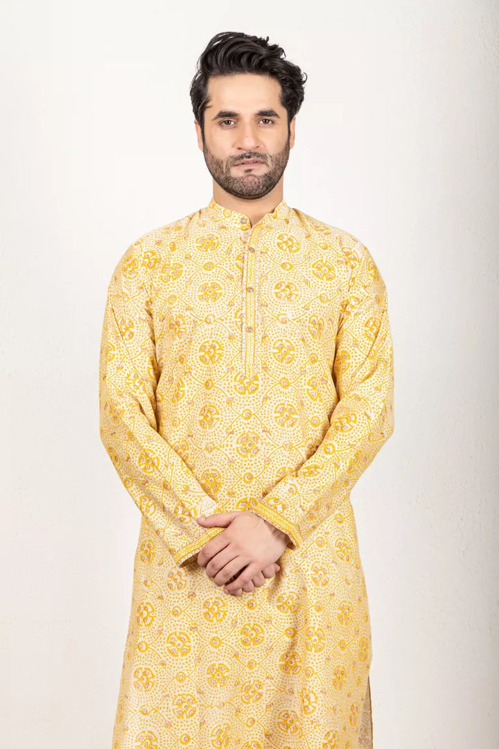 Yellow-Printed Chanderi Kurta