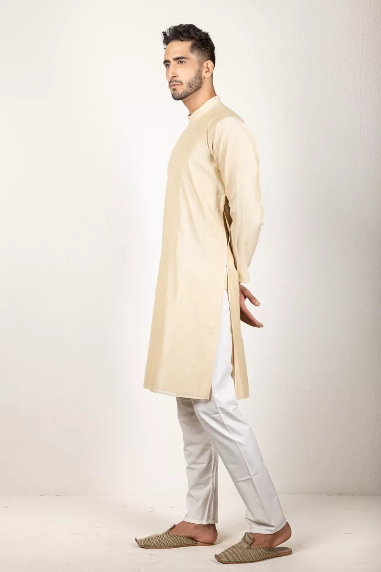 Cream-Colored Woven Striped Chanderi Kurta