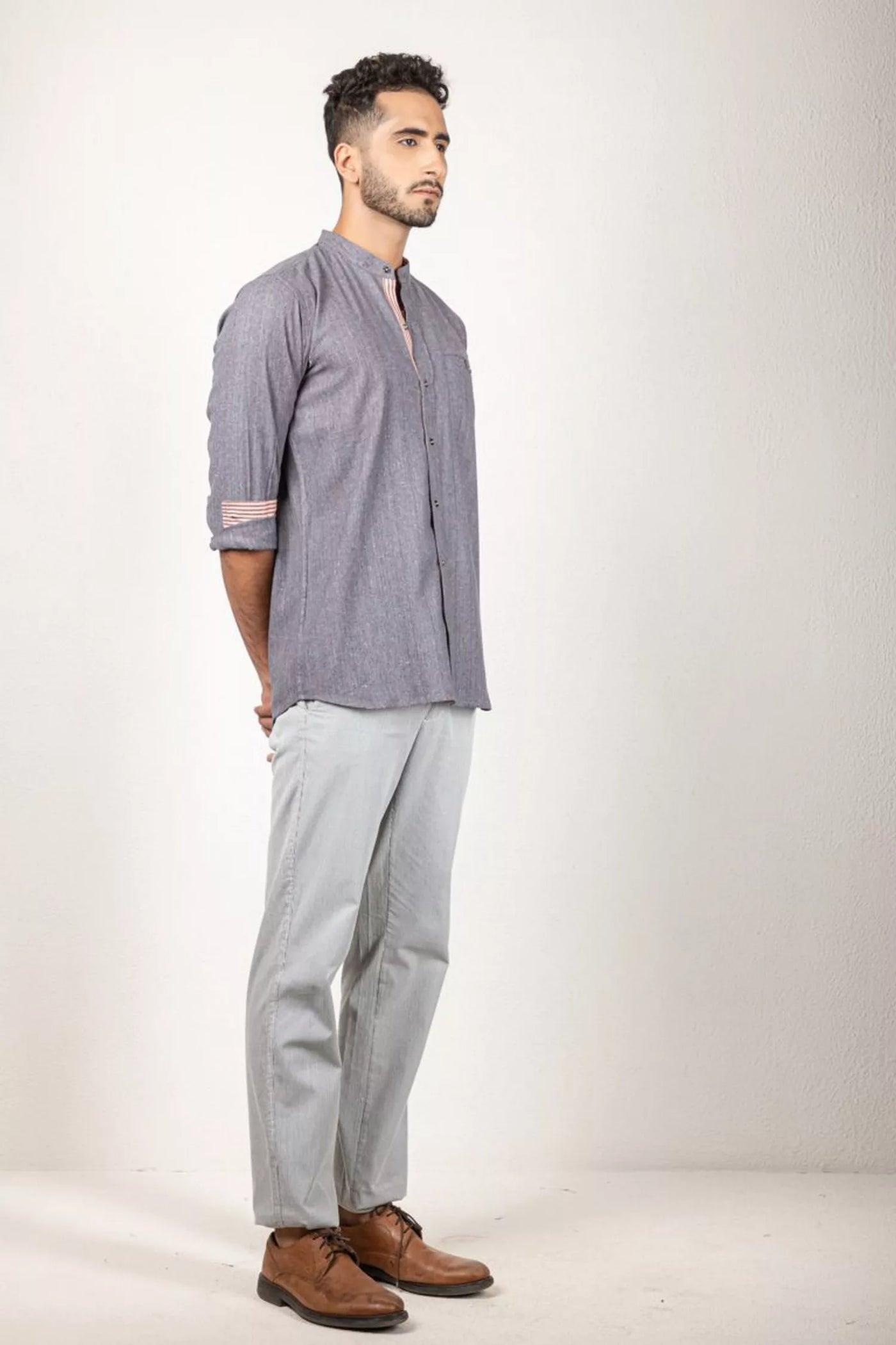 Two-Tone Yarn Dyed Grey Shirt - 100% Cotton