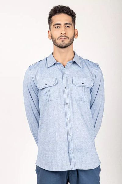 Blue-Colored Two-Tone Yarn Dyed Shirt