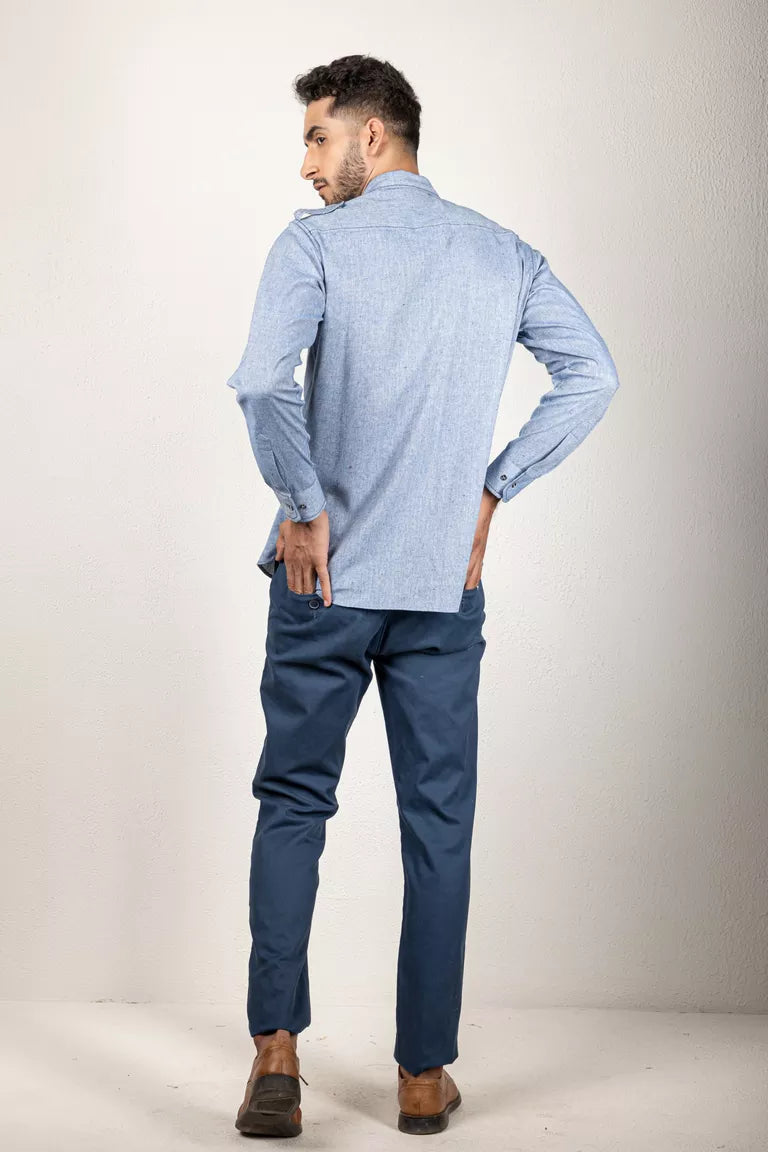 Blue-Colored Two-Tone Yarn Dyed Shirt