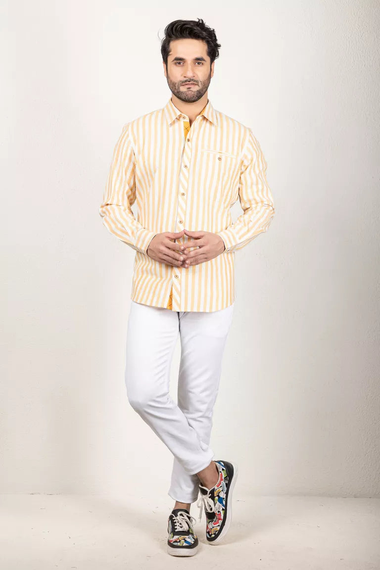 Yellow & White Woven Striped Shirt